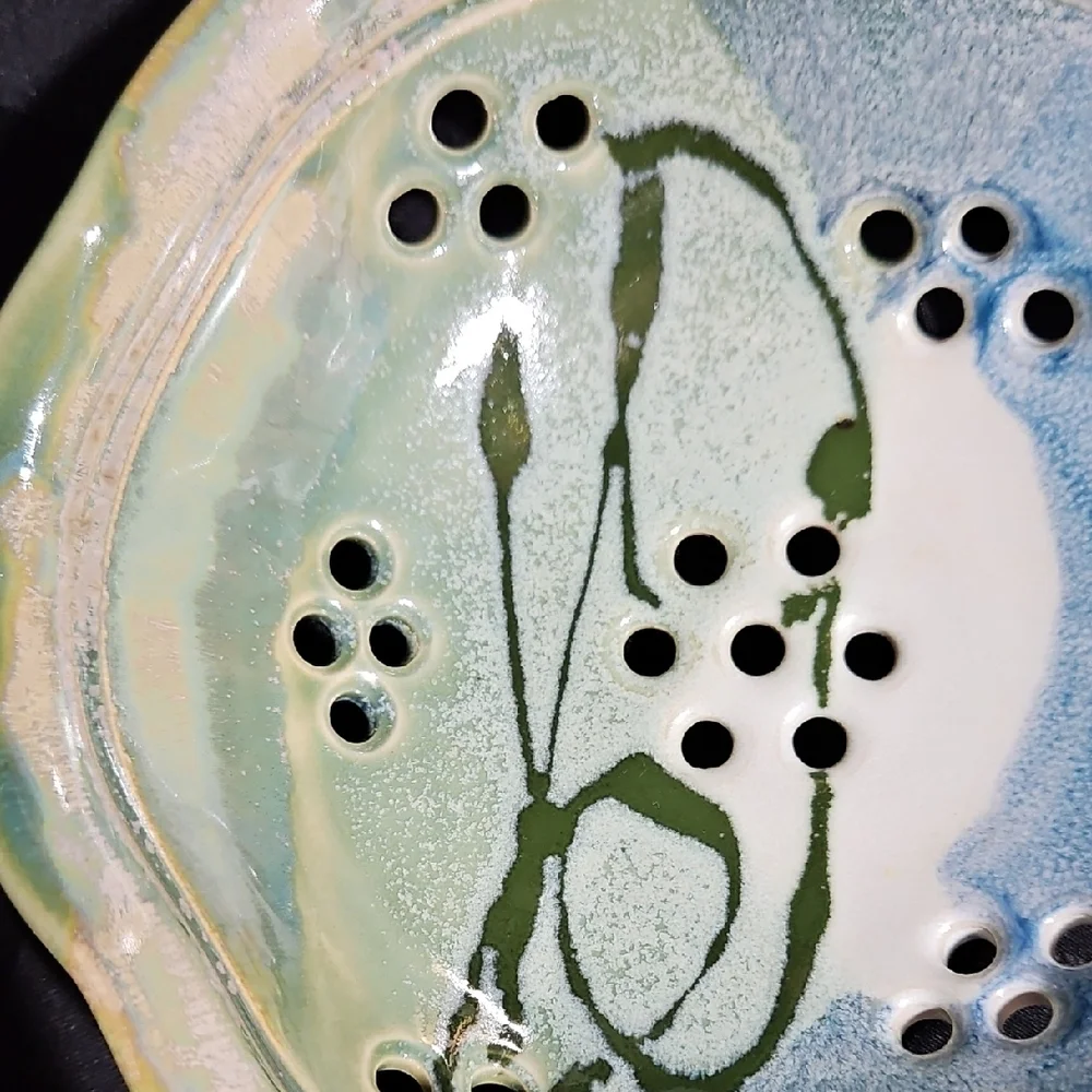 Artisan Crafted/Signed Ceramic Berry Strainer/Colander in Cream, Green and Blue